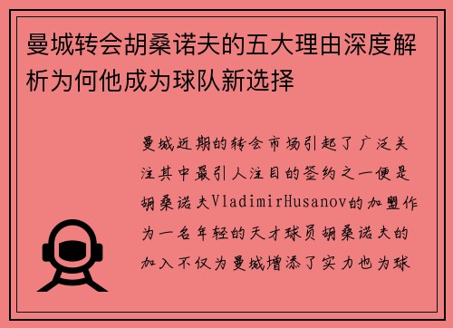 曼城转会胡桑诺夫的五大理由深度解析为何他成为球队新选择